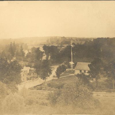 Aerial photo of center of Whippany— Whippanong Hall— circa 1895, before Lee's General Store was built